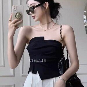 Black Asymmetrical Strapless Tube Top | Cropped | Stretchy Back | M/L